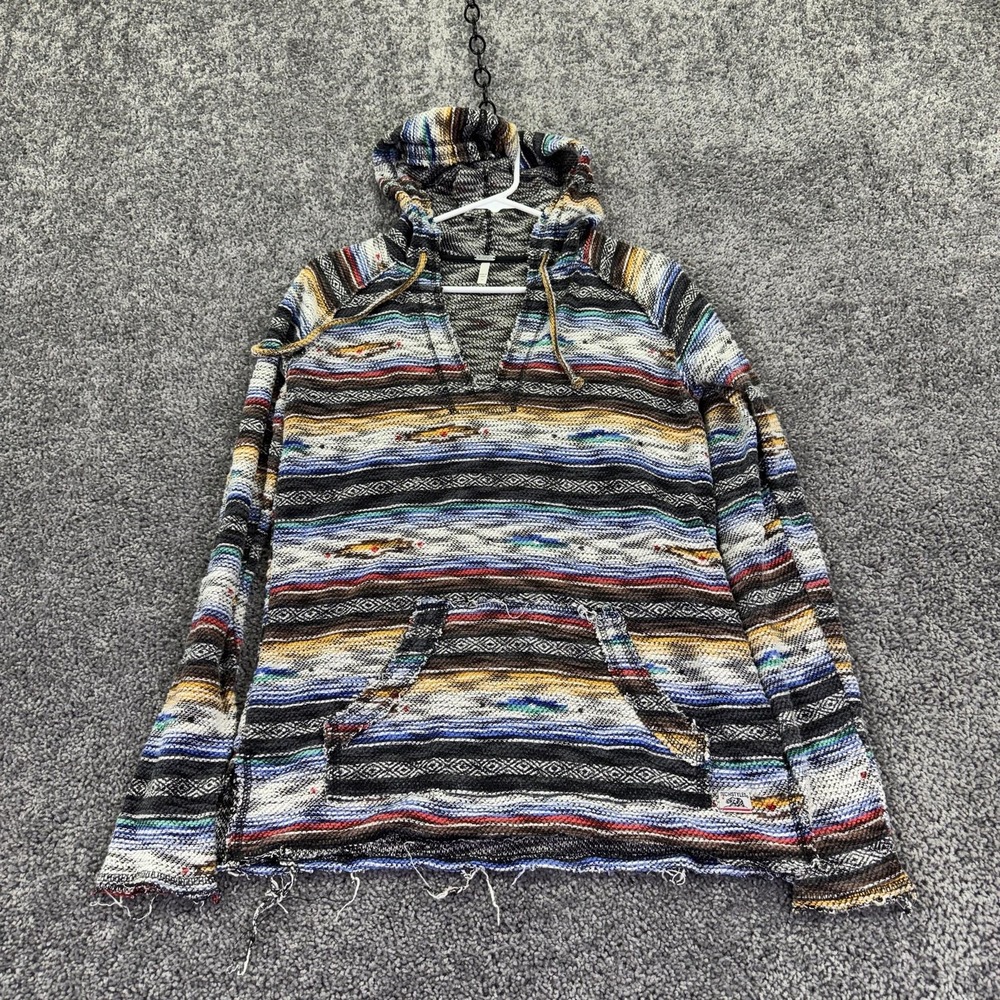 Techstyles Sweater Mens Small Multicolor Striped Hooded V Neck Baja Pullover